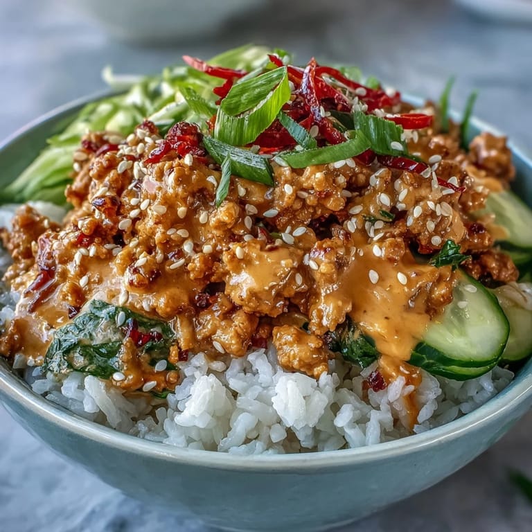 A finished Spicy Bang Bang Turkey Rice Bowls meal garnished with sesame seeds and scallions on fluffy white rice.