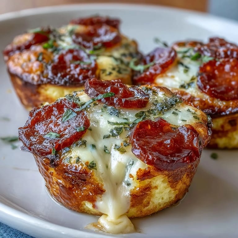 Twelve golden High-Protein Pepperoni Breakfast Cups sit on a platter, topped with Parmesan and herbs, perfect for an easy, high-protein meal prep breakfast.