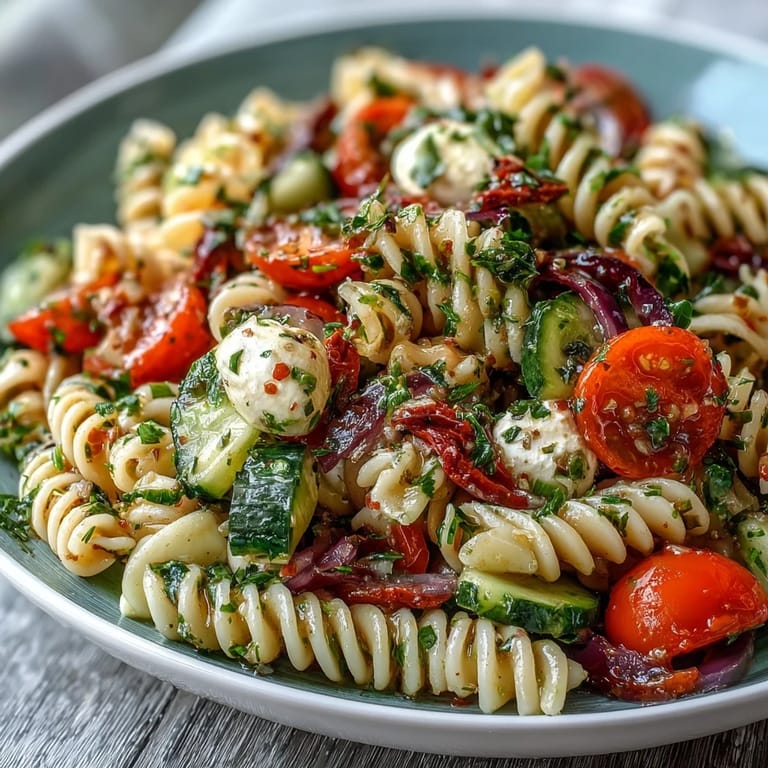 A refreshing bowl of pasta salad featuring crisp vegetables, black olives, and mozzarella, all tossed in Italian dressing for a light summer meal.