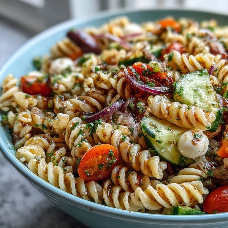 Vibrant summer pasta salad with Italian dressing, showcasing fresh cherry tomatoes, bell peppers, and herbs, ideal for quick lunches or outdoor gatherings.
