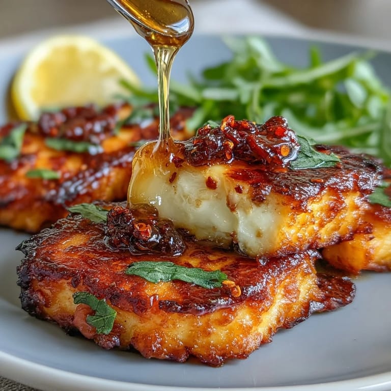 Pan-seared halloumi slices topped with hot honey, served on a bed of peppery arugula for a vibrant appetizer.  
