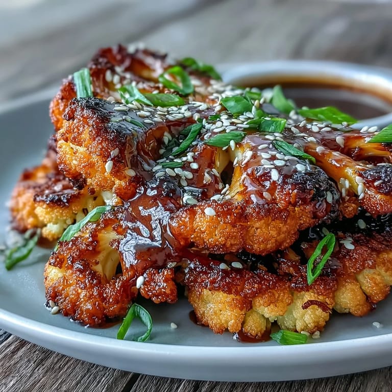 Juicy teriyaki cauliflower steaks, garnished with sesame seeds and green onions.