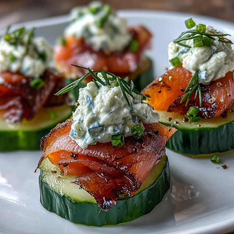Creamy herbed cheese-topped cucumber rounds layered with savory smoked salmon and fresh herbs for an easy, elegant appetizer.