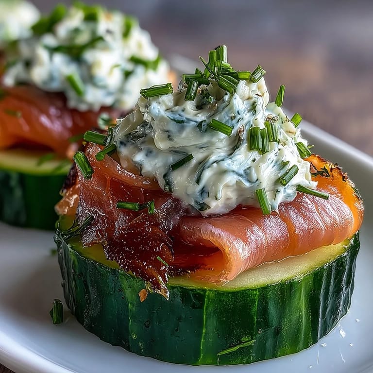 Fresh cucumber slices topped with smooth herbed cream cheese and delicate smoked salmon, garnished with dill for a light bite.