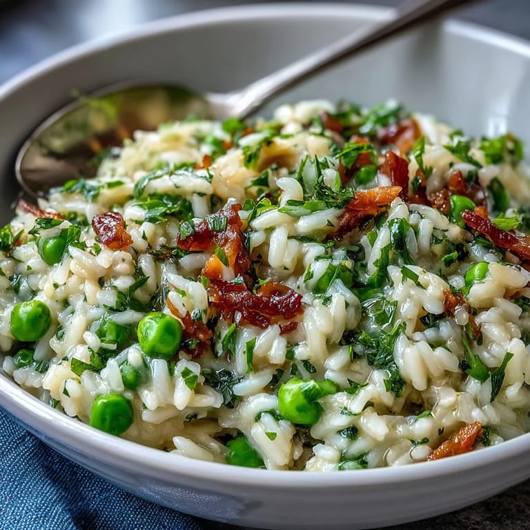 Aromatic Arborio rice simmered with spring peas, white wine, and Parmesan for a rich, comforting vegetarian main.