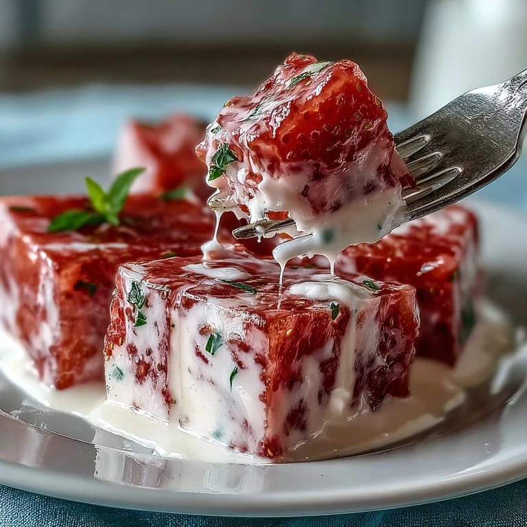 A stunning dessert featuring fragrant rose and strawberry gelatin suspended in a smooth, sweetened cream for a refreshing treat.  