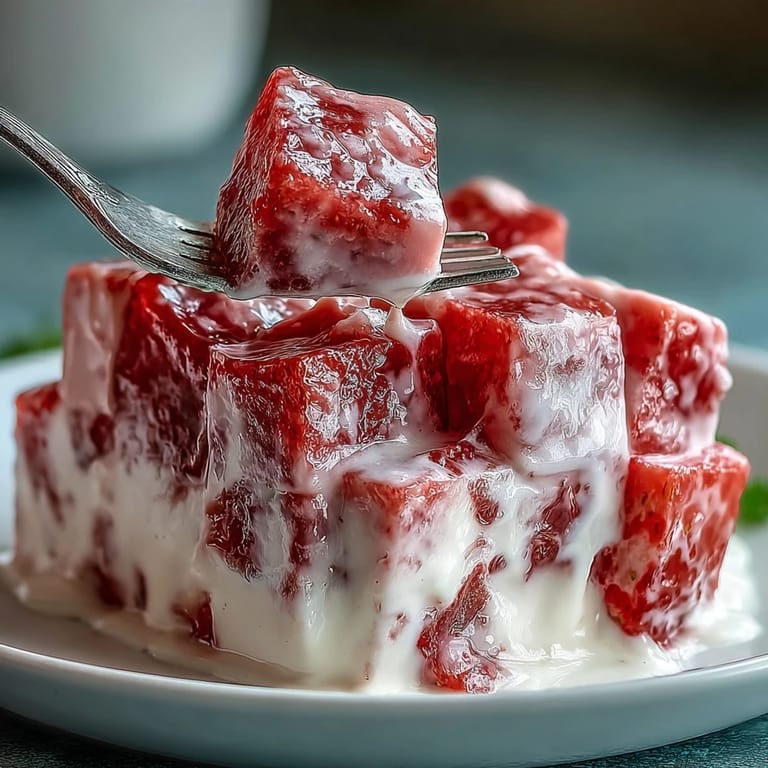 Delightful strawberry and rose-flavored gelatin cubes artfully arranged in a creamy base, perfect for summer celebrations.