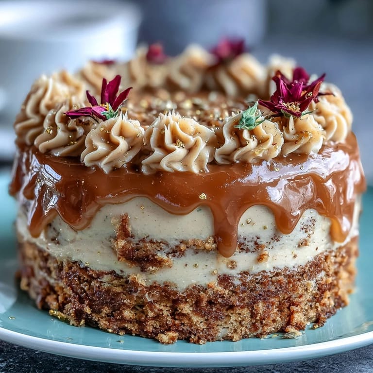 Moist Taurus Cake recipe: stacked butterscotch sponges enrobed in naturally colored floral frosting.