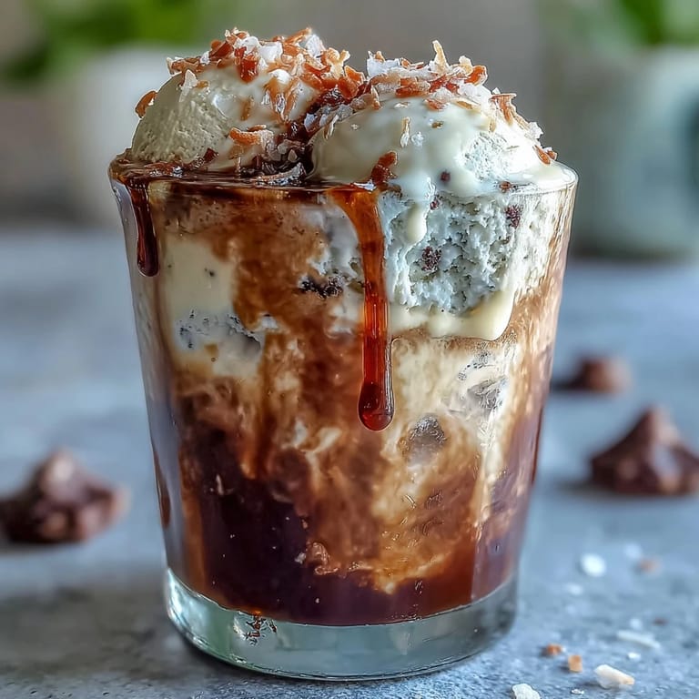 Two glasses filled with rich coconut cold brew and melting vanilla bean ice cream, garnished with toasted coconut flakes.