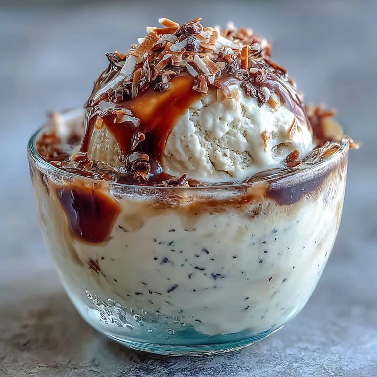 Refreshing coconut cold brew coffee poured over ice and crowned with a scoop of vanilla bean ice cream for indulgence.