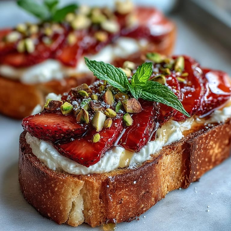 A rustic slice of sourdough layered with rich ricotta, sweet strawberries, golden honey, and chopped pistachios for a satisfying snack.