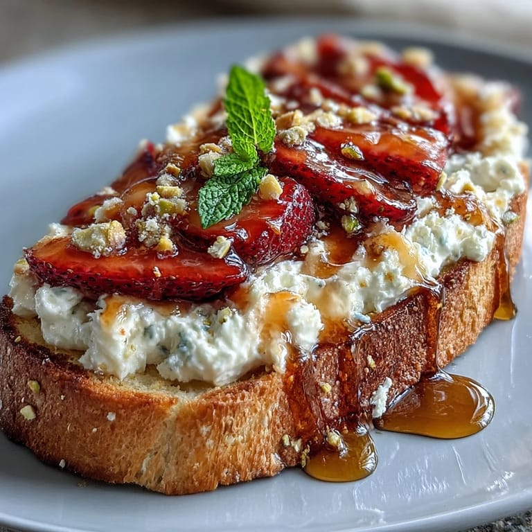 Wholesome toast spread with smooth ricotta, juicy strawberries, fragrant honey, and nutty pistachios, finished with a hint of lemon zest.
