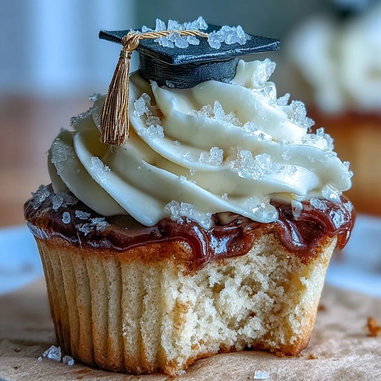 Delicious vanilla cupcakes topped with rich buttercream and edible black and gold graduation cap decorations.