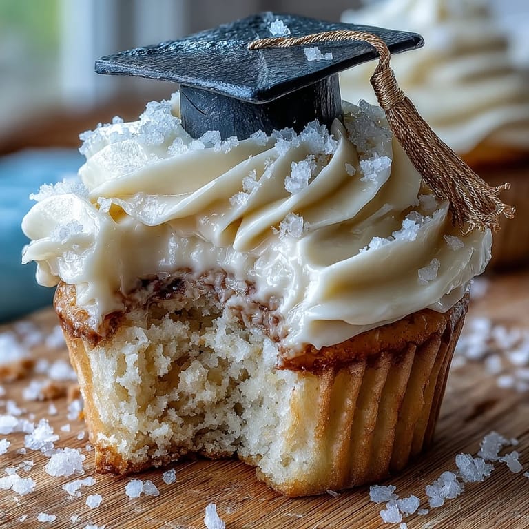 Handmade black and gold fondant graduation caps sit atop creamy vanilla cupcakes, perfect for celebrations.  