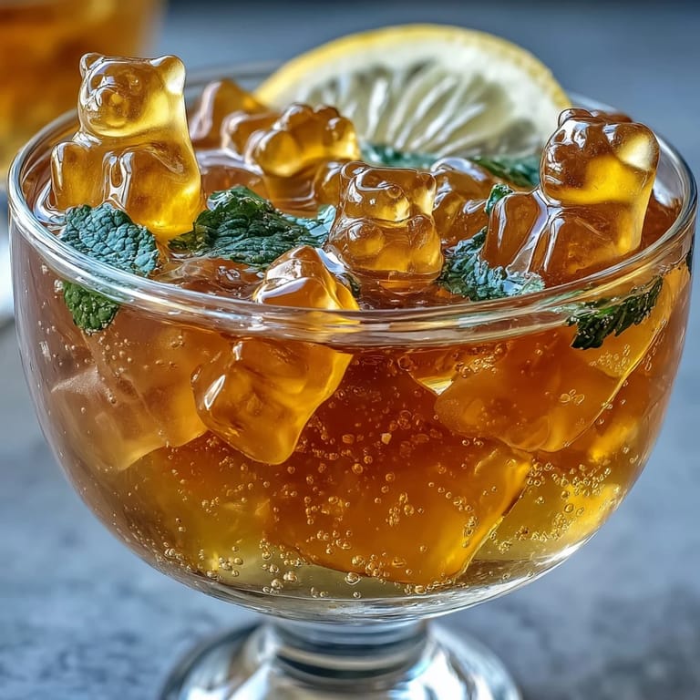 Bright, refreshing gummy bear lemonade jelly cups feature lemon zest-infused gelatin and assorted gummy candies, chilled to perfection for a delightful, easy-to-make dessert.
