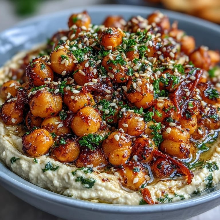 A vibrant Mediterranean-inspired bowl featuring crunchy chickpeas, smoky grilled peppers, and fresh parsley garnish.  