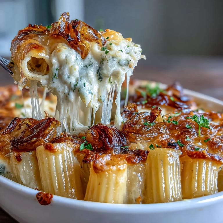 Rich French Onion Pasta Bake, caramelized onions and tender pasta, baked golden.