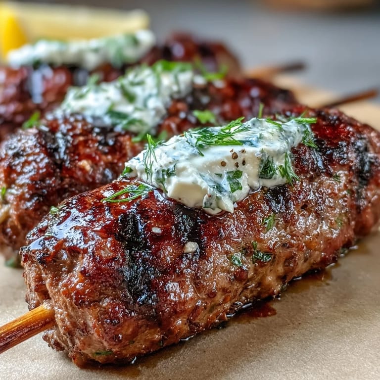 Spiced ground lamb kofta grilled to perfection and paired with homemade tzatziki for a flavorful Middle Eastern dish.