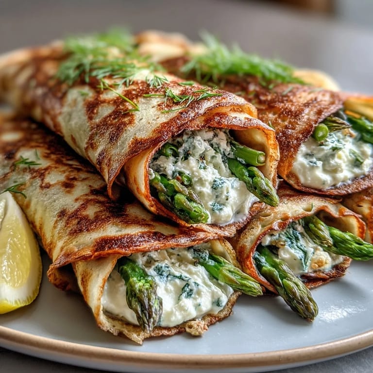 Golden buckwheat crepes rolled with creamy ricotta and goat cheese, topped with sautéed asparagus, snap peas, and zucchini for a vibrant vegetarian dish.