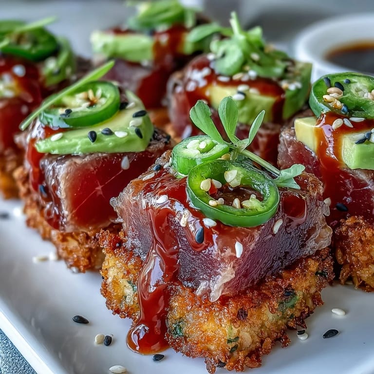 Delicious Spicy Tuna Crispy Rice Bites, a party-ready Japanese fusion appetizer.