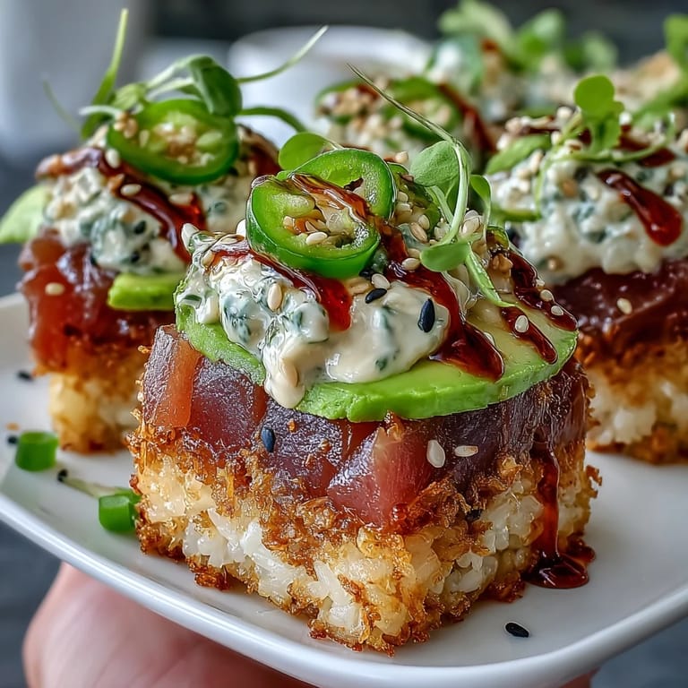 Viral appetizer: Spicy Tuna Crispy Rice Bites ready to be drizzled with spicy mayo.