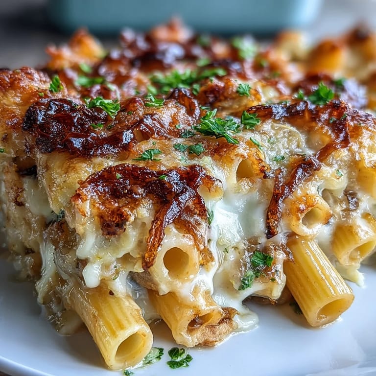 Comforting French Onion Pasta Bake topped with melted cheese, a delicious dinner.