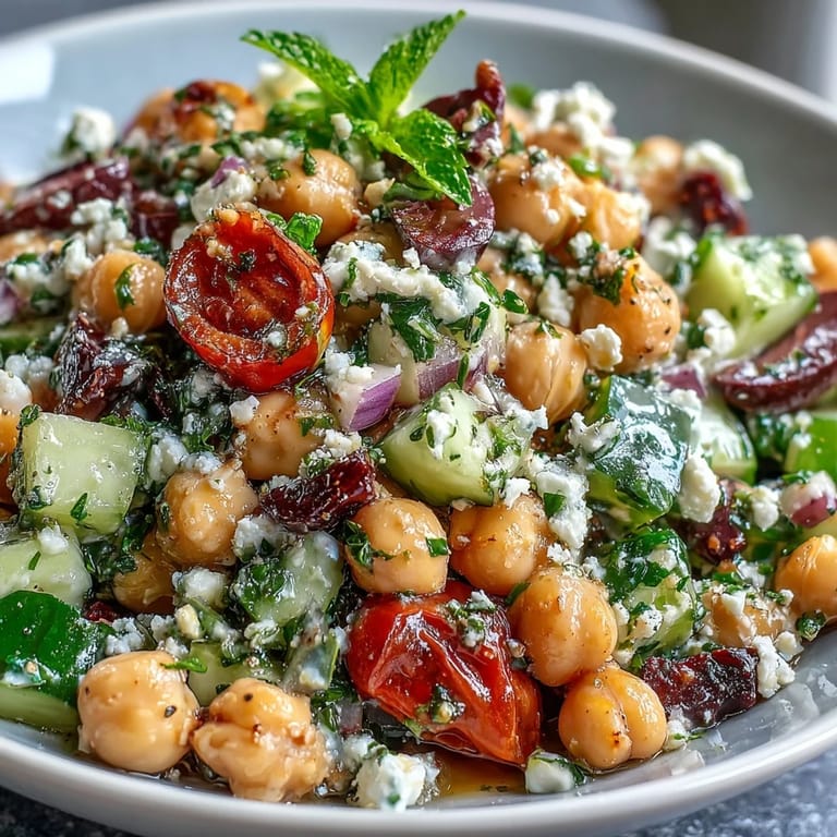 Fresh Mediterranean Chickpea Salad with bright lemon and crisp veggies, perfect for lunch.