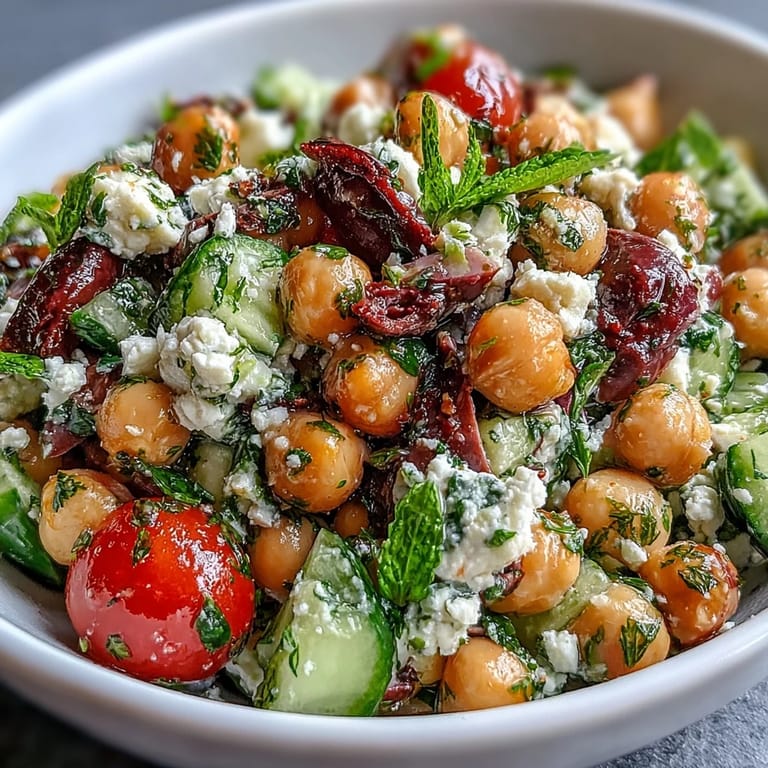 Healthy Mediterranean Chickpea Salad, tossed with zesty herbs and served chilled.