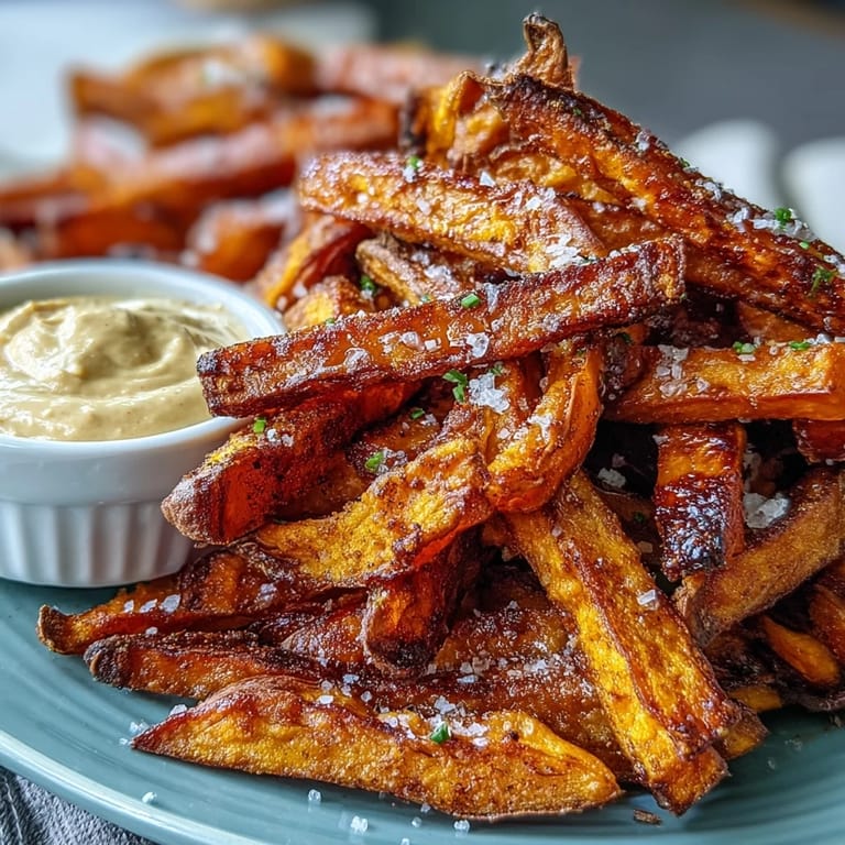 Perfectly crispy air fryer sweet potato fries ready for dipping in smoky aioli.