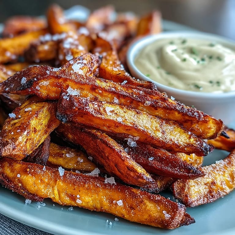 Serving up warm, seasoned air fryer sweet potato fries alongside zesty chipotle aioli.