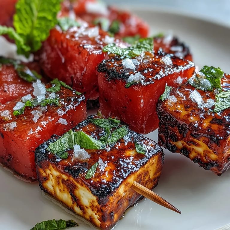 Bright, colorful Grilled Halloumi and Watermelon Skewers are a delightful appetizer.