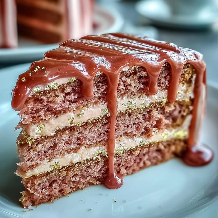 This elegant Rosé Velvet Cake features a delicate pink hue and a luxurious gold accent.