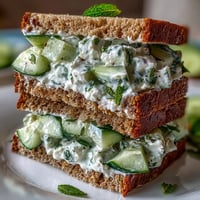 Thick-sliced whole-grain bread cradles creamy Greek yogurt and crisp diced cucumber in this refreshing sandwich.