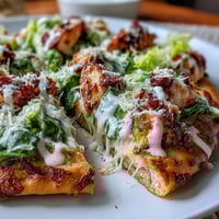 Golden-brown garlic naan pizzas topped with Caesar-dressed chicken, bubbly mozzarella, and shaved parmesan on a rustic wooden table.