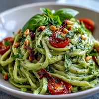 Creamy Vegan Avocado Lime Pasta with Cherry Tomatoes served in a white bowl with fresh basil and pine nuts.