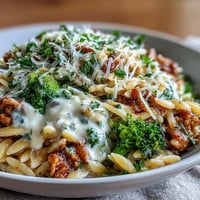 Creamy Garlic Turkey & Broccoli Orzo is served warm, garnished with fresh parsley and extra parmesan for a comforting weeknight dinner.