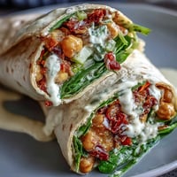 Four wraps display vibrant red pepper and herbs in creamy curry chickpea salad inside a soft flour tortilla. 