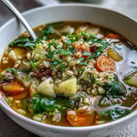 A steaming bowl of warm winter-to-spring vegetable soup with barley, brimming with tender root vegetables and fresh greens in a savory broth.