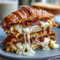 Flaky butter croissants filled with fluffy scrambled eggs and melted cheddar cheese — a delicious breakfast sandwich ready in minutes.