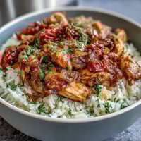 Crockpot Mississippi Chicken Rice Bowls with tender shredded chicken, zesty pepperoncini, and savory ranch flavors over fluffy rice.