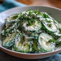 Creamy cucumber salad with dill and Greek yogurt in a white bowl, garnished with fresh dill sprigs and black pepper.