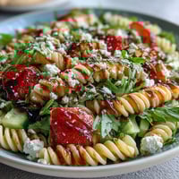 Fresh spring pasta salad with juicy strawberries, feta, and arugula in a light balsamic dressing.