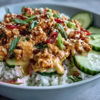 Fork-tender ground turkey and crisp veggies in Spicy Bang Bang Turkey Rice Bowls, drizzled with creamy spicy sauce.