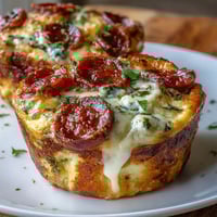Golden-brown High-Protein Pepperoni Breakfast Cups, featuring baked eggs, melty mozzarella, and mini pepperoni, ready to serve warm for a savory morning meal.
