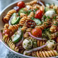 Easy Summer Pasta Salad with Italian Dressing: A colorful mix of fusilli pasta, cherry tomatoes, cucumber, and mozzarella in a zesty Italian dressing, perfect for picnics.