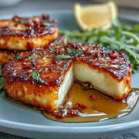 Golden, crispy halloumi cheese drizzled with sweet and spicy chili-infused honey over fresh arugula.  