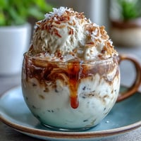 A creamy coconut cold brew float topped with vanilla bean ice cream, perfect for a tropical summer treat.