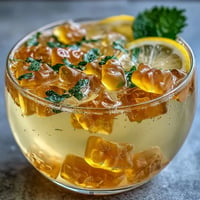 Vibrant gummy bear lemonade jelly cups with colorful candies suspended in tangy citrus gelatin, garnished with fresh mint and lemon slices for a playful summer treat.