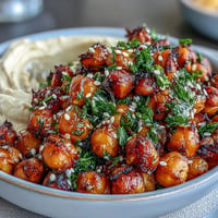 Crispy chickpea bowls with spiced roasted chickpeas, creamy hummus, and colorful grilled vegetables for a healthy vegan meal.  