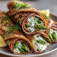 Spring buckwheat crepes filled with fresh spring vegetables and herbed cheese, served warm for a light lunch or elegant brunch.